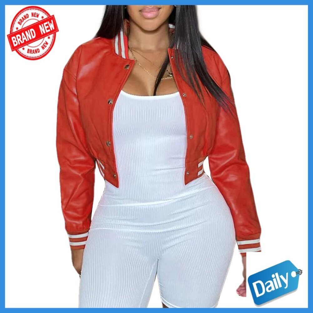 Faux Leather Bomber Jacket Slim Fit Cropped Long Sleeve Snap Button